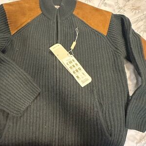 Men's Green Ribbed Full-Zip Cardigan with Tan Shoulder Panels